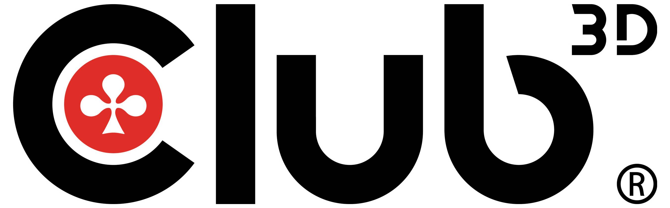 Logo spoločnosti Club 3D s červeným kruhom a bielym trojlalistkovým symbolom vnútri písmena C, plus značka registrovanej obchodnej značky.