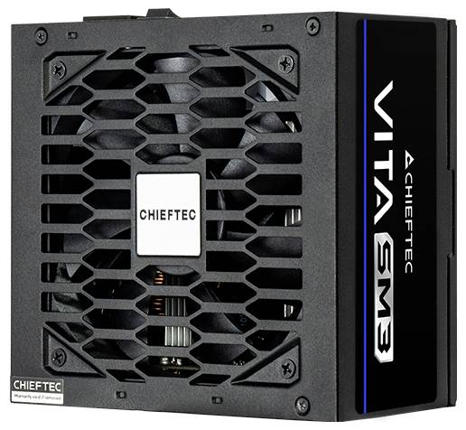 Čierna jednotka napájacieho zdroja CHIEFTEC VITA SM3 s šesťuholníkovým ihličím a viditeľným vnútorným ventilátorom, určená na použitie v počítačoch.