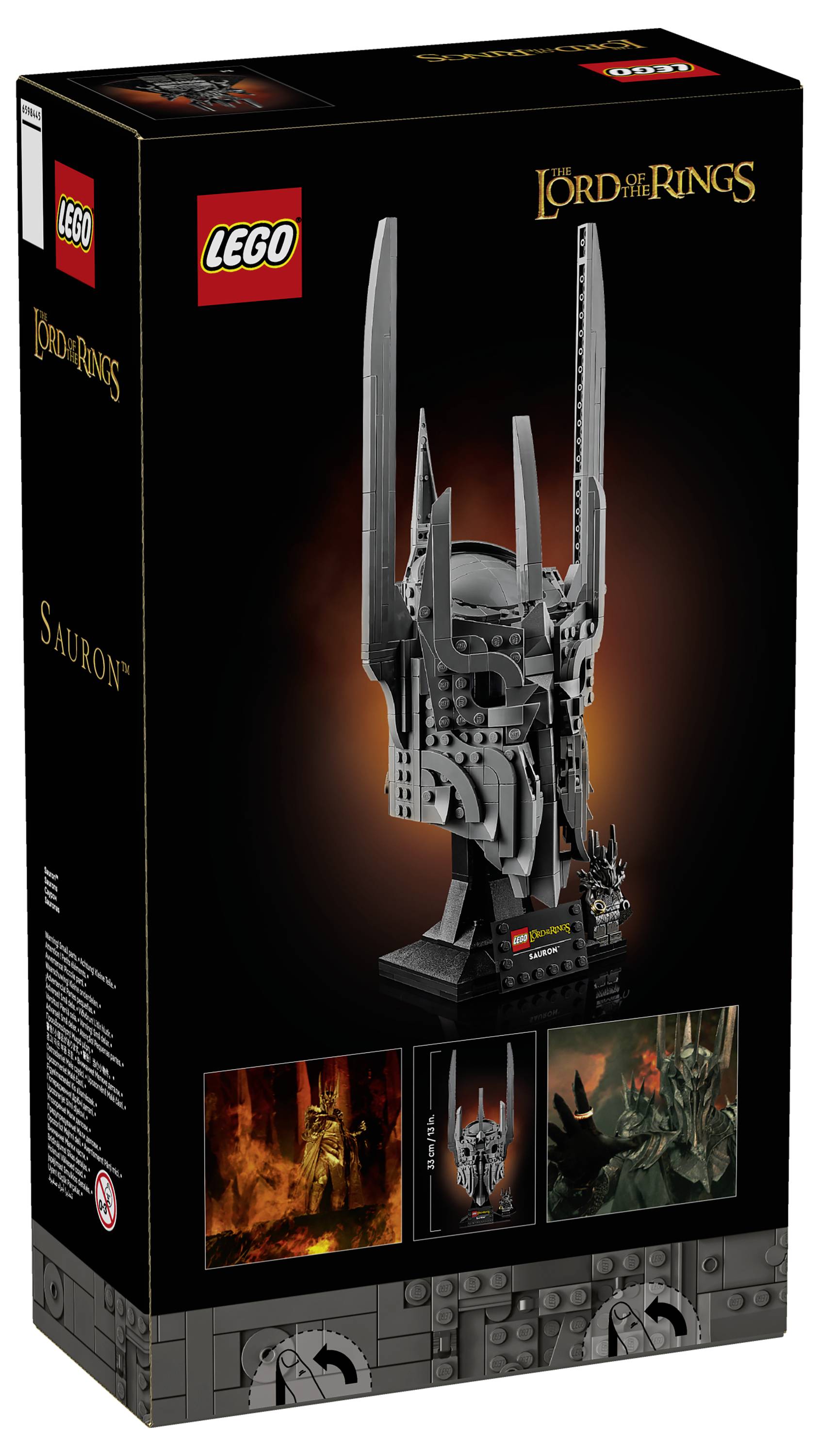 LEGO sada „Pán prsteňov" so Sauronom zobrazujúca detailnú stavbu helmy. Krabica obsahuje logá LEGO a LOTR a ilustračné detaily.