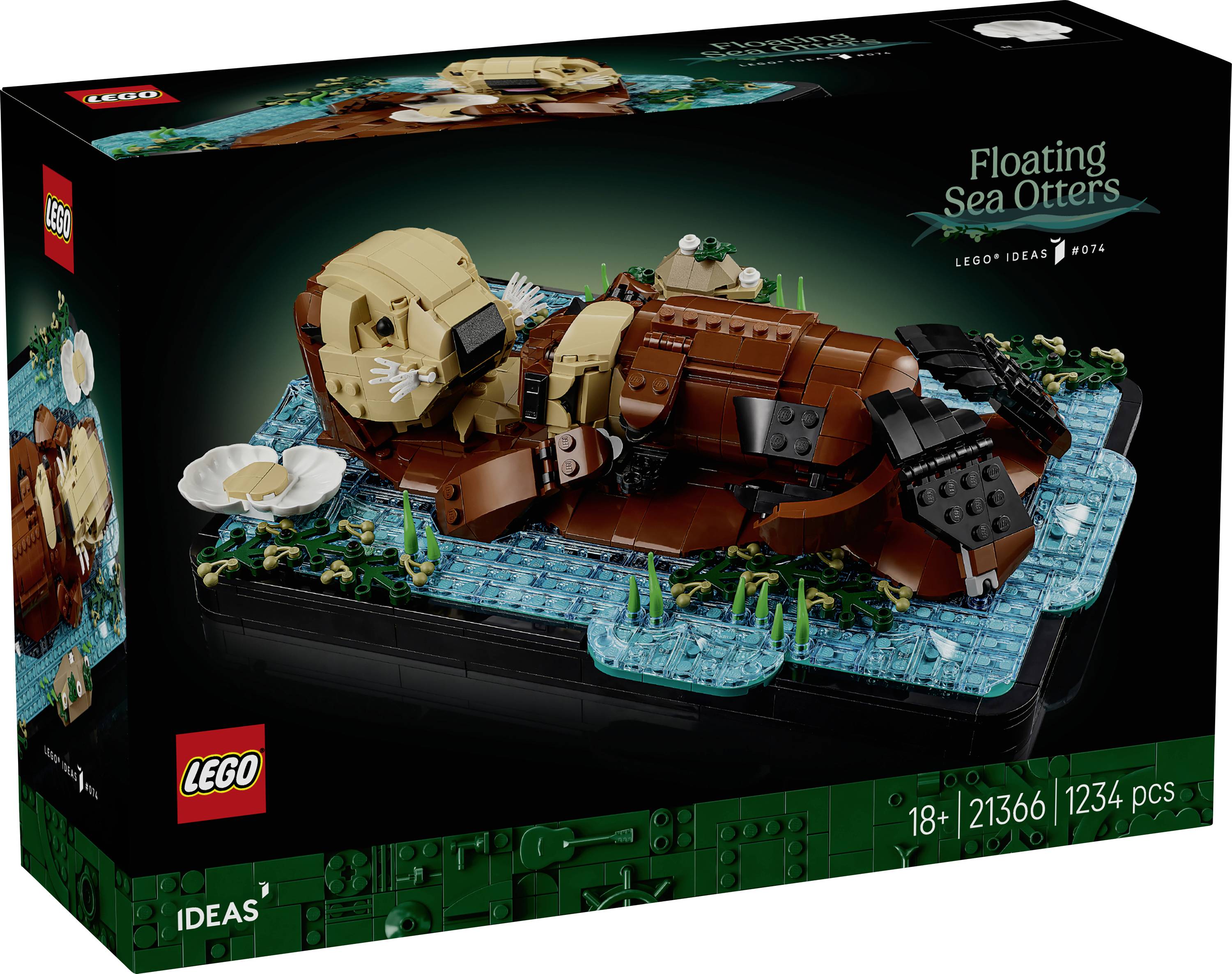 Na obrázku je vidať krabica sady LEGO Ideas s názvom "Plávajúce morské vydry". Obsahuje dve vydry a vodné prvky s 1234 kusmi.