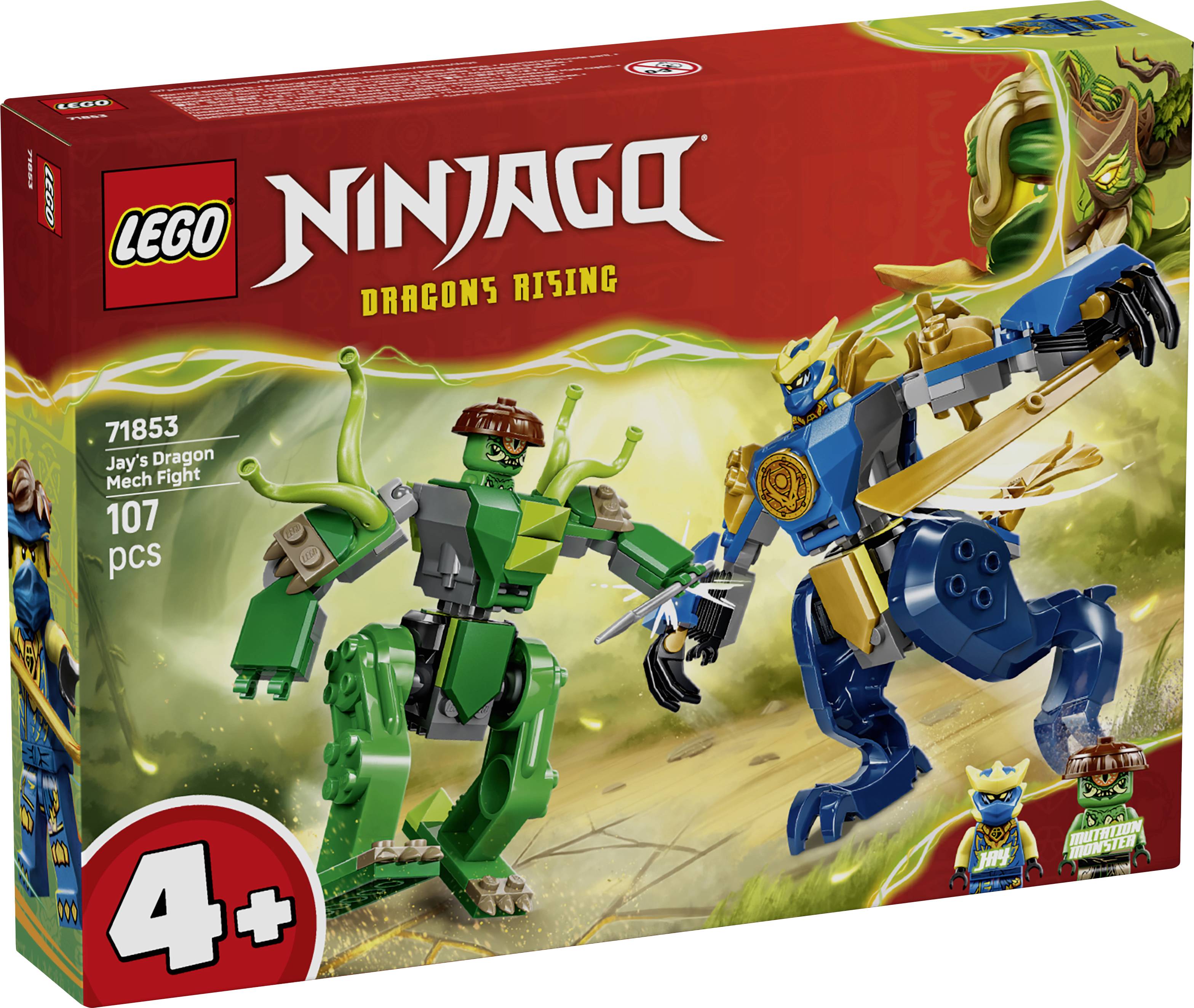 LEGO Ninjago sada 'Jayov boj dračieho mechu'. Obsahuje modrý a žltý dračí mech bojujúci s jednou zelenou figúrkou podobnou robotovi. 107 kúskov, vek 4+.