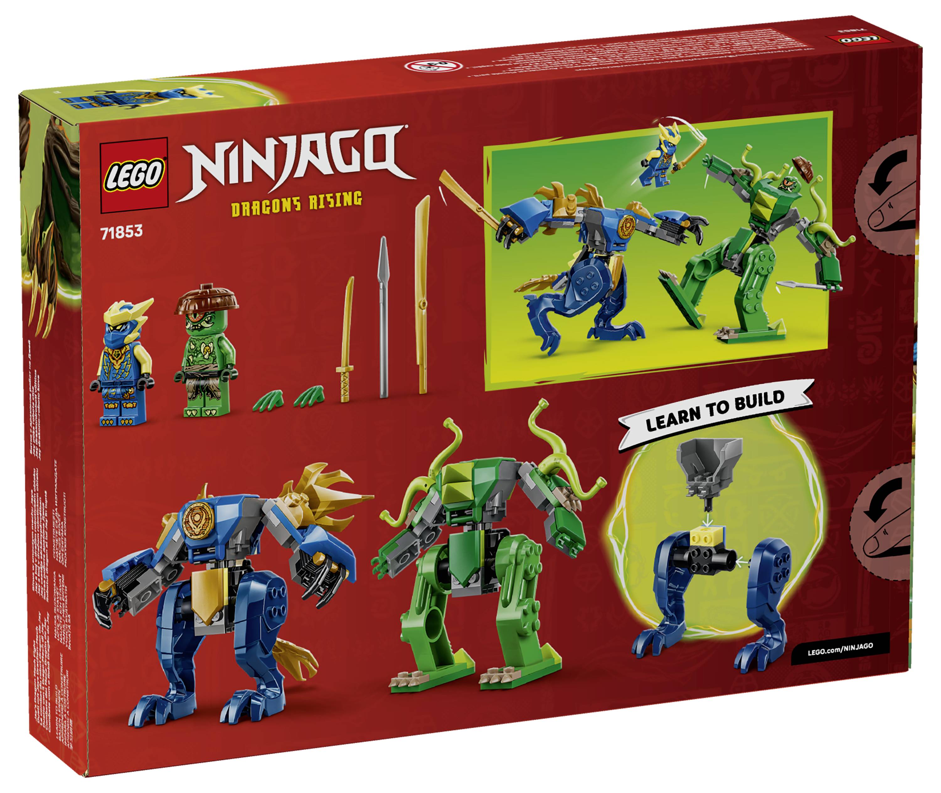 Krabica 'LEGO Ninjago 71853 Dragons Rising' zobrazujúca dve figúrky drakov, doplnky a návod 'Learn to Build' na zadnej strane.