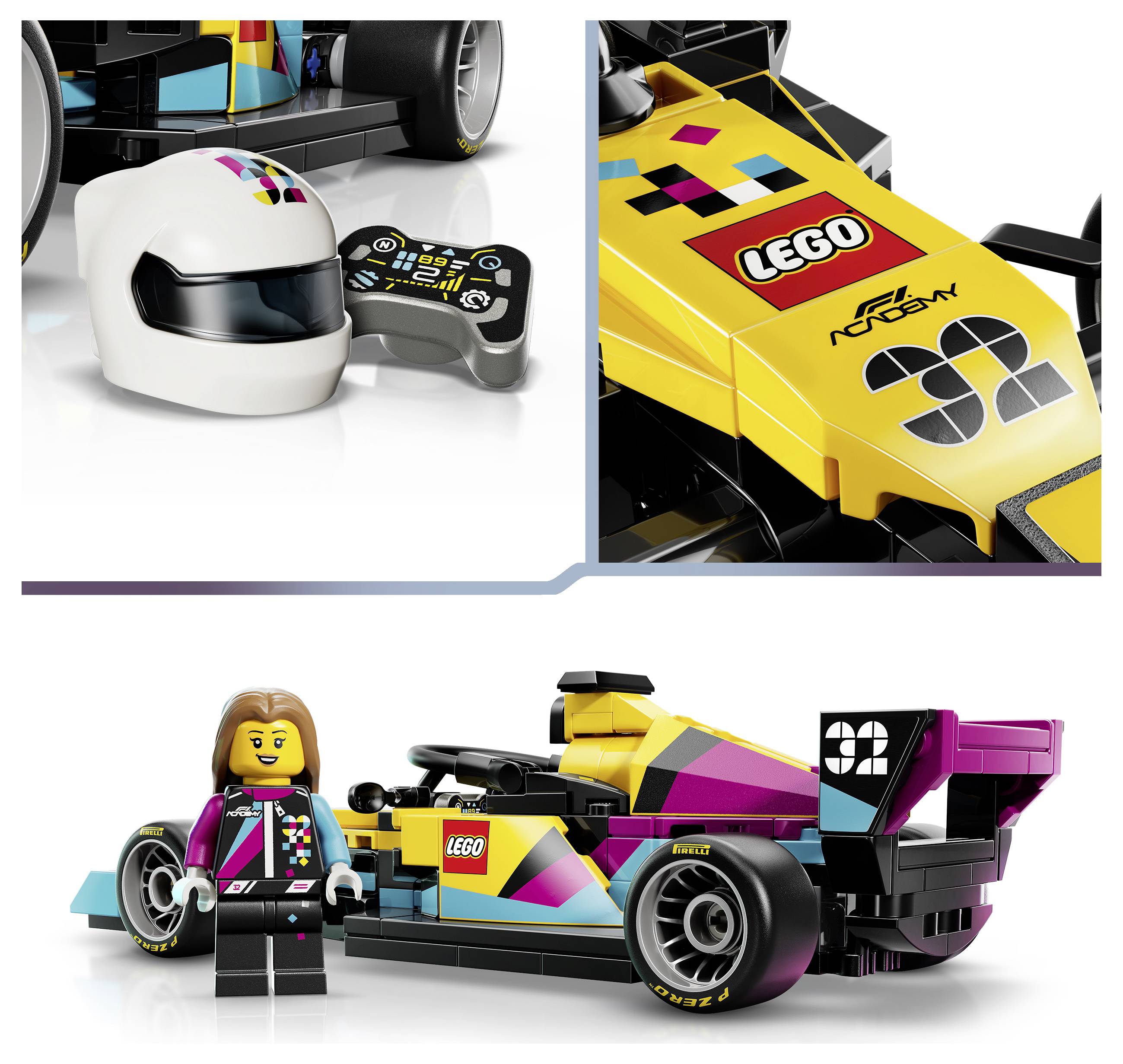 Súprava pretekovacieho auta Lego s žltým a čiernym autom s farebnými prvkami, minifigúrka vodiča v pretekárskom obleku, helme a ovládačom.