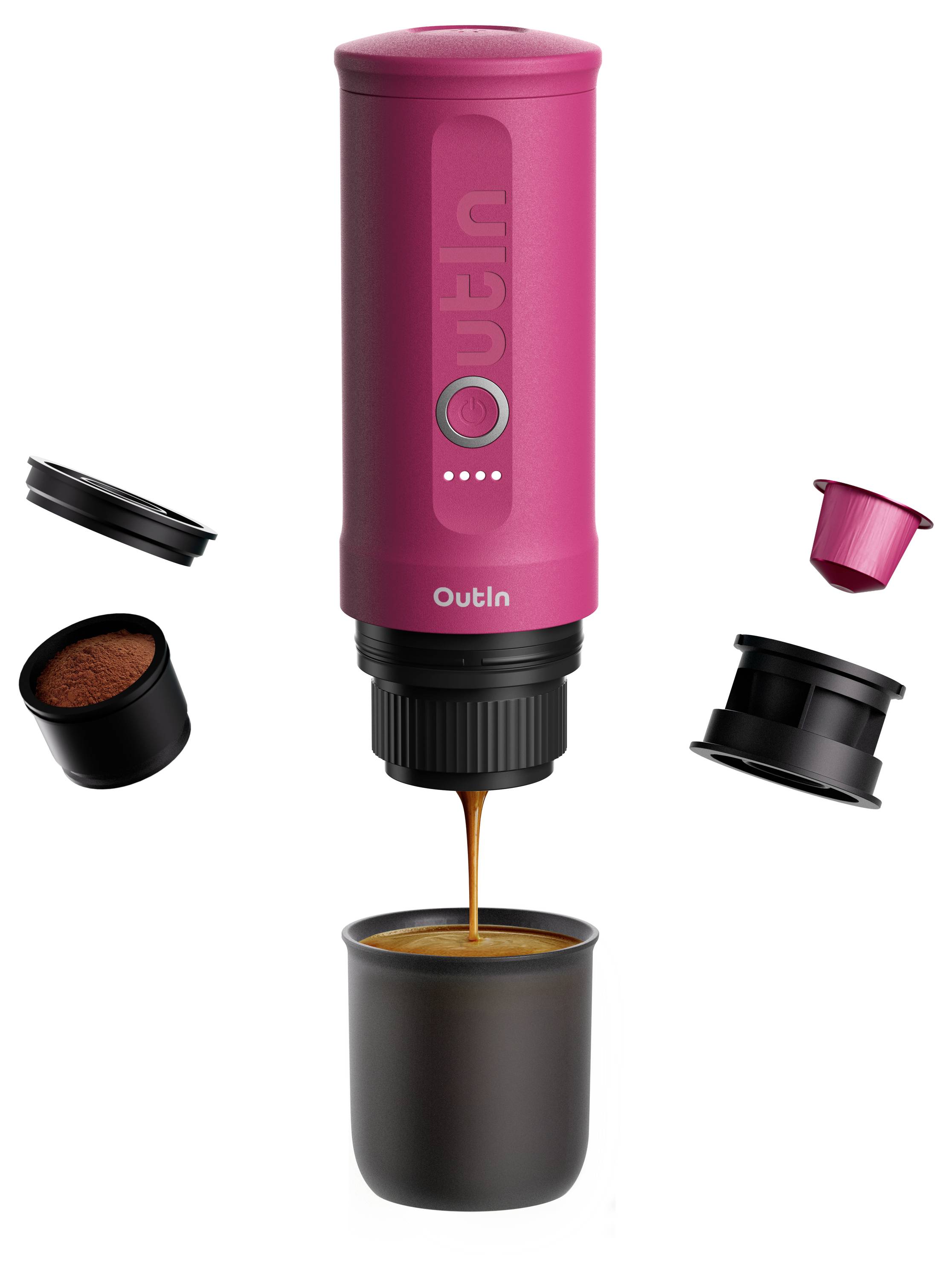 Prenosný ružový espresso výrobník varí kávu do šálky. Obsahuje vymeniteľné príslušenstvo pre mletú kávu a kapsule.