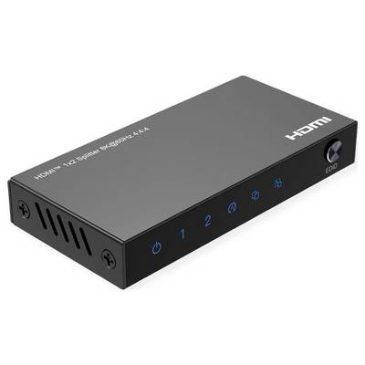 Čierny HDMI prepínač na pripojenie viacerých zariadení k jedному HDMI vstupu, vybavený tlačidlami napájania a číslovanými indikátormi zariadení.