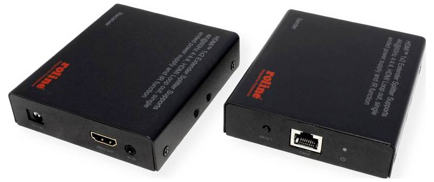 Zariadenia "HDMI Extender" s portmi pre HDMI a Ethernet, značka "Roline." Navrhnuté na rozšírenie signálov HDMI na väčšie vzdialenosti.
