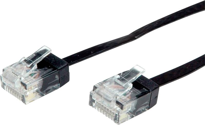 Dva čierne ethernetové káble s priehľadnými konektormi na bielom pozadí.
