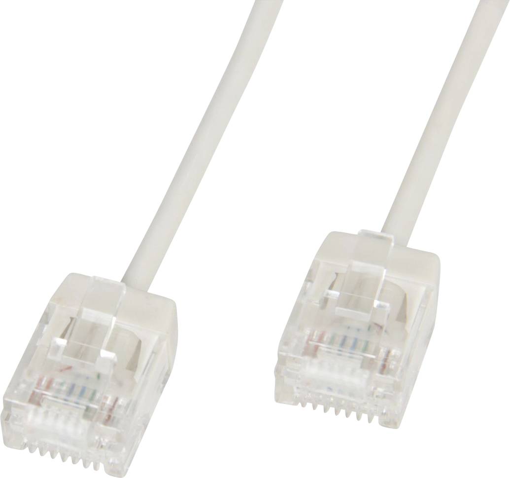 Dva biele ethernetové káble s konektormi RJ45 na sieťové pripojenie.
