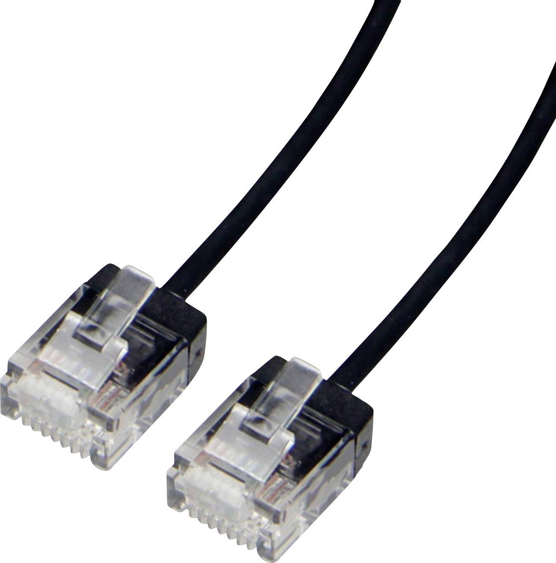 Dva čierne ethernetové káble s priehľadnými konektormi, používané na sieťové pripojenia, ležiace paralelne na jednoduchom pozadí.
