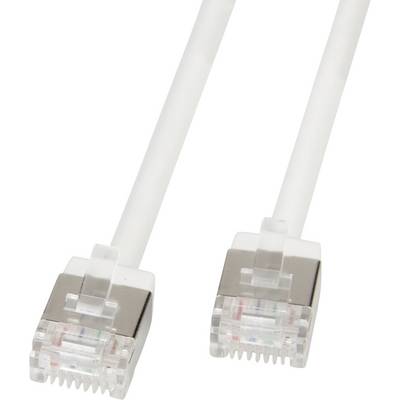 Dva biele sieťové Ethernet káble s priehľadnými konektormi, používané na sieťové pripojenia, zobrazené na bielom pozadí.