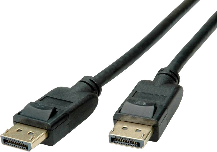 'Dva čierne DisplayPort káble so zlatými konektormi orientovanými dopredu.'