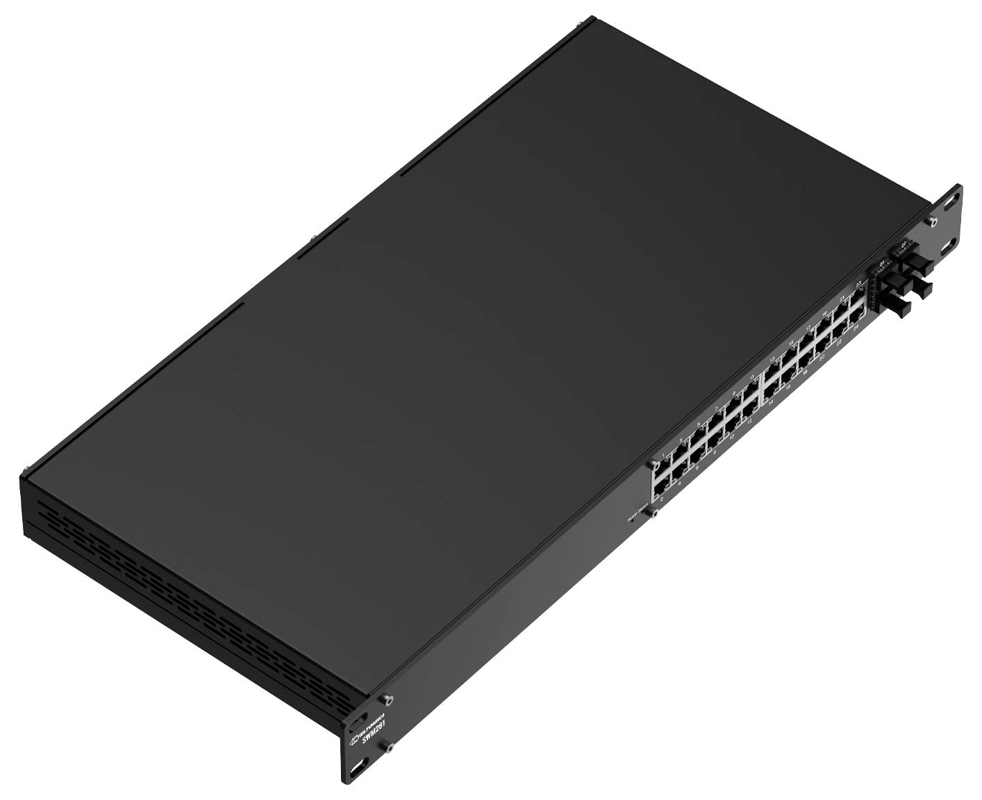 Čierny sieťový prepínač s viacerými portami Ethernet, umiestnený na regálovej polici, bežne používaný v dátových centrách na pripájanie zariadení.