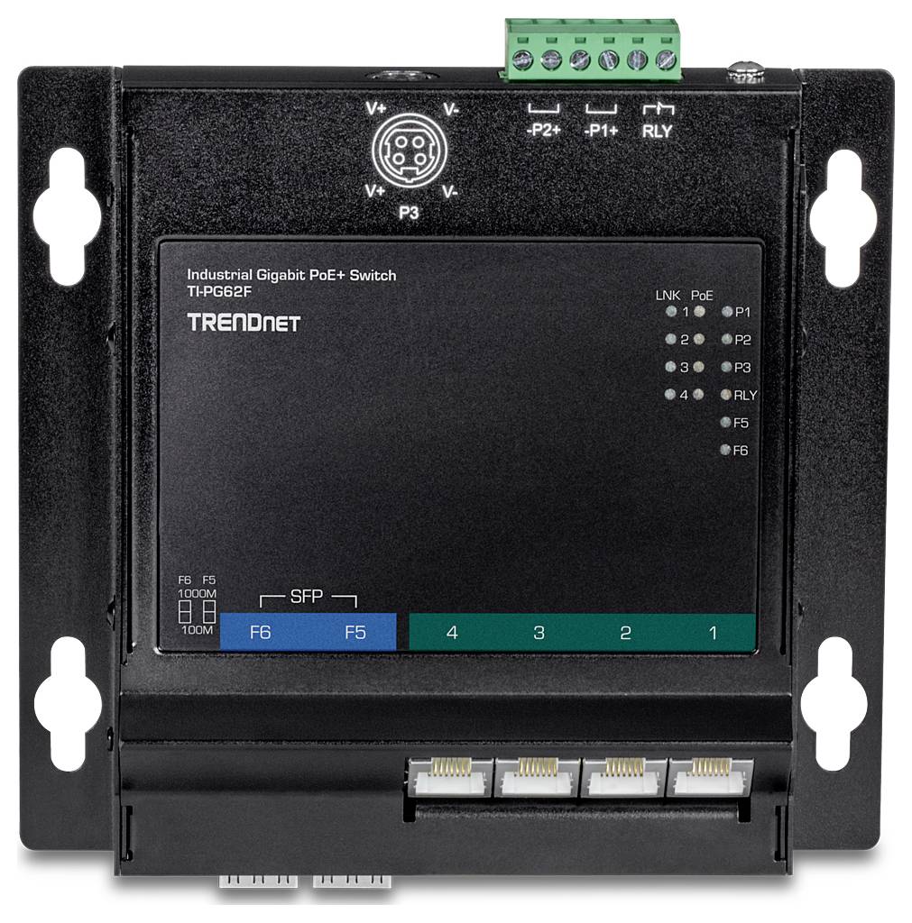 Priemyselný Gigabit PoE+ prepínač s LED diódami indikujúcimi aktivitu portov a stav napájania, umiestnený v čiernom metalickom krytu so štyrmi ethernetovými portmi.