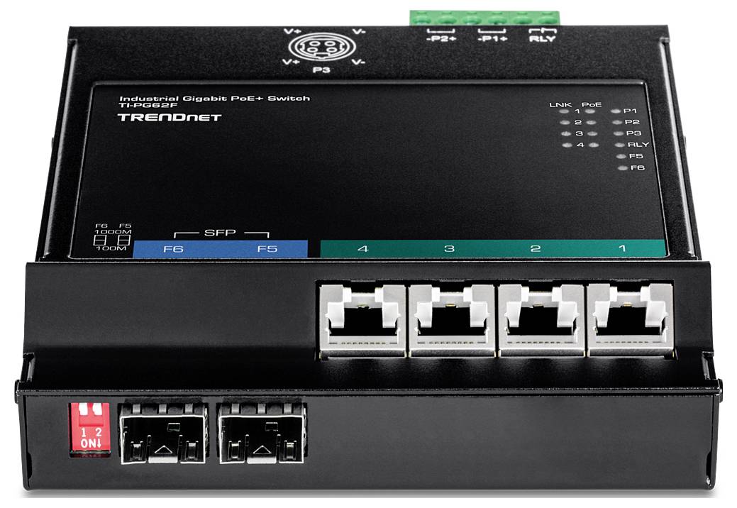 „Priemyselný Gigabitový PoE+ Switch" s piatimi portami Ethernet a dvoma slotmi SFP. LED indikátory zobrazujú stav napájania a konektivity.