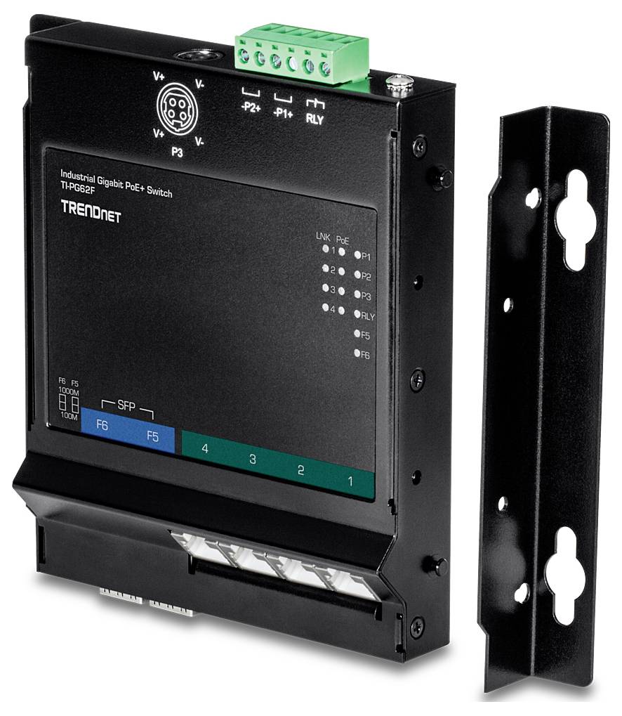 Priemyselný Gigabit PoE+ prepínač, TRENDnet TPE-IGE50 sa vyznačuje piatimi portami Ethernet s indikátormi na prednom paneli a konzolou na montáž na stenu.