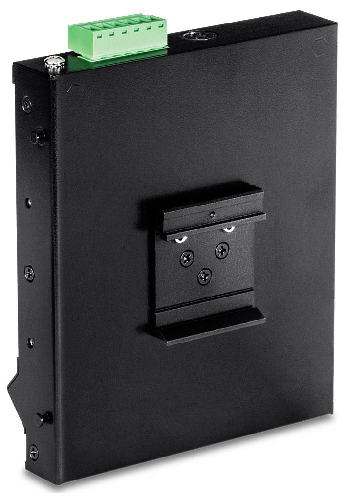 Čierne kovové elektronické montážne zariadenie so zeleným konektorom na vrchu, vybavené držiakom so skrutkovými otvormi na inštaláciu na stenu alebo panel.