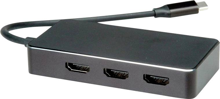 Trojportový USB-C adaptér na HDMI, čierny, s pripojeným kablom. Vhodný na pripojenie viacerých HDMI zariadení k zariadeniu kompatibilnému s USB-C.