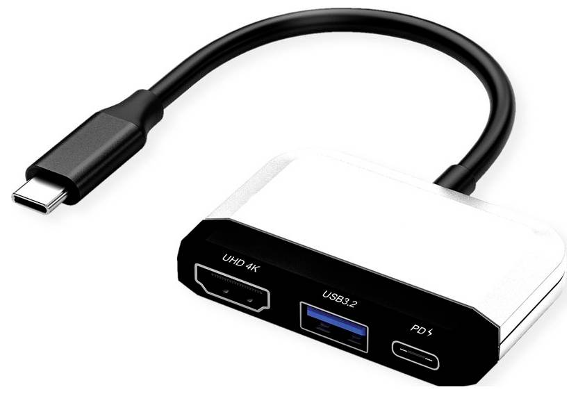USB-C hubu s tromi portami: HDMI označený "UHD 4K", port USB 3.2 a port USB-C označený "PD".