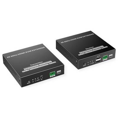 '4K-60Hz HDMI KVM Extender' s vysielacou a prijímacou jednotkou, zobrazujúcou porty HDMI, USB a reset. Vhodné pre rozšírenie video signálov.