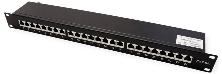 Panel záplat CAT 6A s 24 portmi s očíslovanými portmi Ethernet určený na sieťové káblove vedenia a organizáciu v serverovom racku.