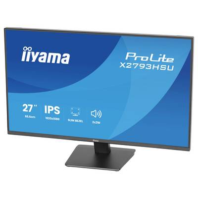 Obrázok zobrazuje monitor Iiyama ProLite X2793HSU s 27-palcovým IPS displejom, rozlíšením 1920x1080, tenkými okrajmi a reproduktormi 2x2W.