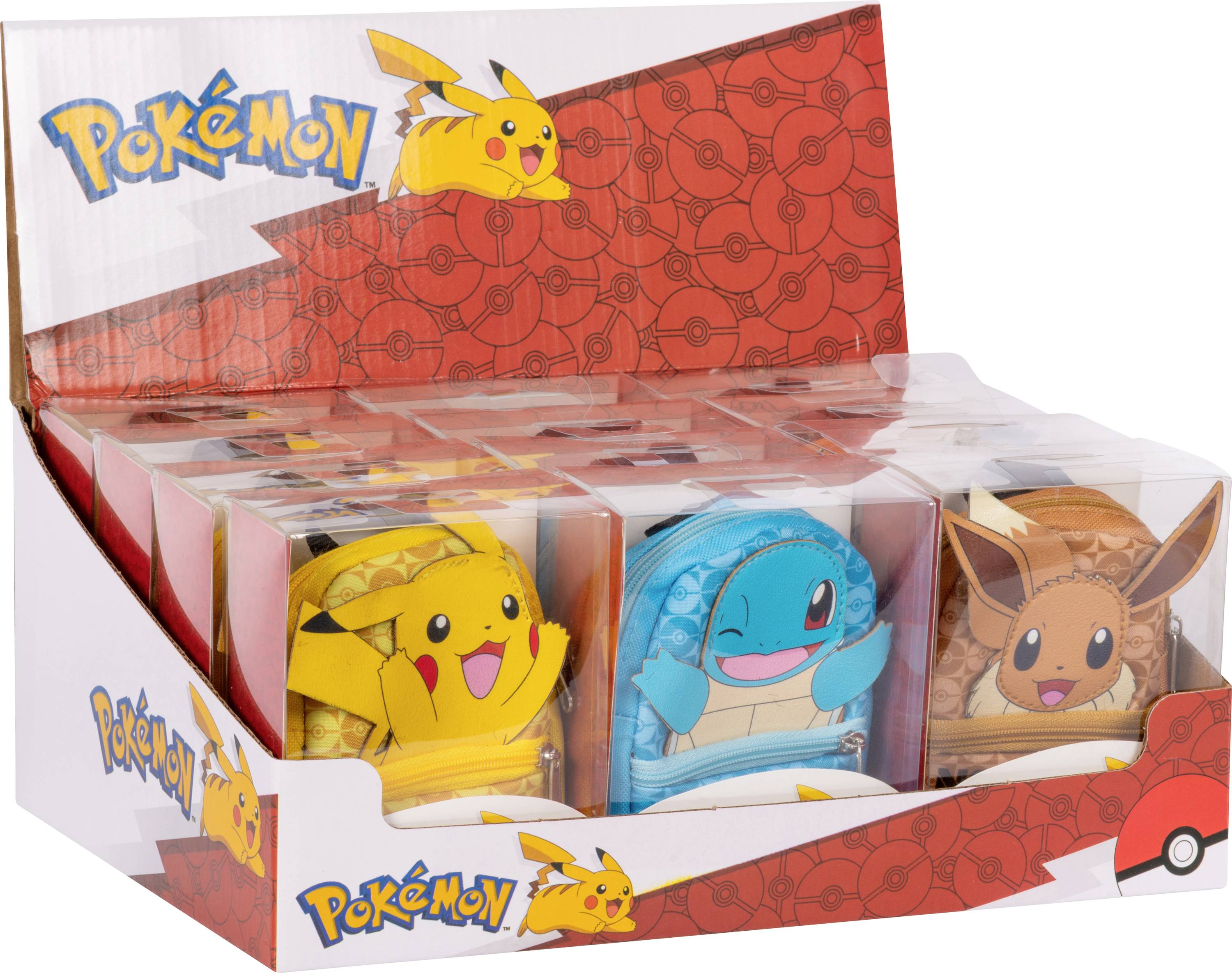 Zobrazovacia krabica balíčkov kariet Pokémon s obrázkami Pickachu, Squirtla a Eevee na balení, usporiadaná na police.