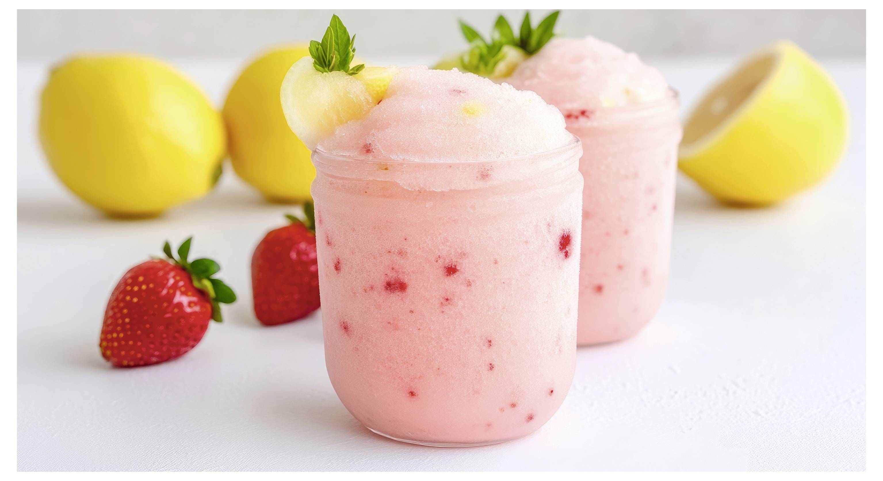 Dve nádoby ružovej jahodovej limonády so ľadovým nápojom s vrchnými plátkami citróna a mätou. Čerstvé jahody a citróny sú v pozadí.