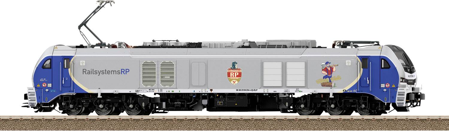 Moderný elektrický vlak so štíhlejším dizajnom, s sivym telom s modrými akcentmi a logom „Railsystems RP", stojaci na koľajach.