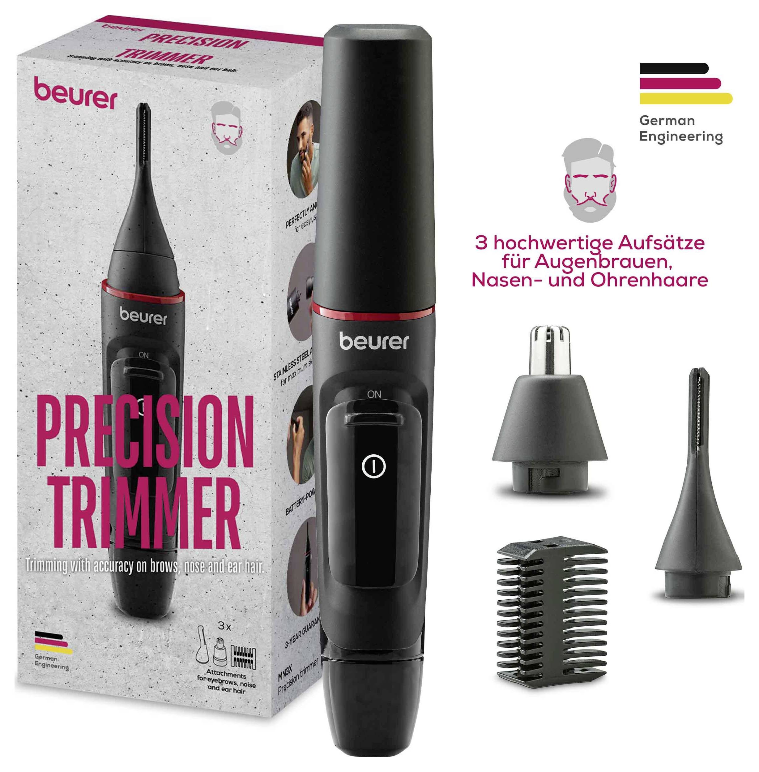 Sada 'Precision Trimmer' obsahuje zastihávač a tri nadstavce. Balenie zdôrazňuje použitie zastihávača na obočie, nos a chlpy v ušiach. Nemecké inžinierstvo.