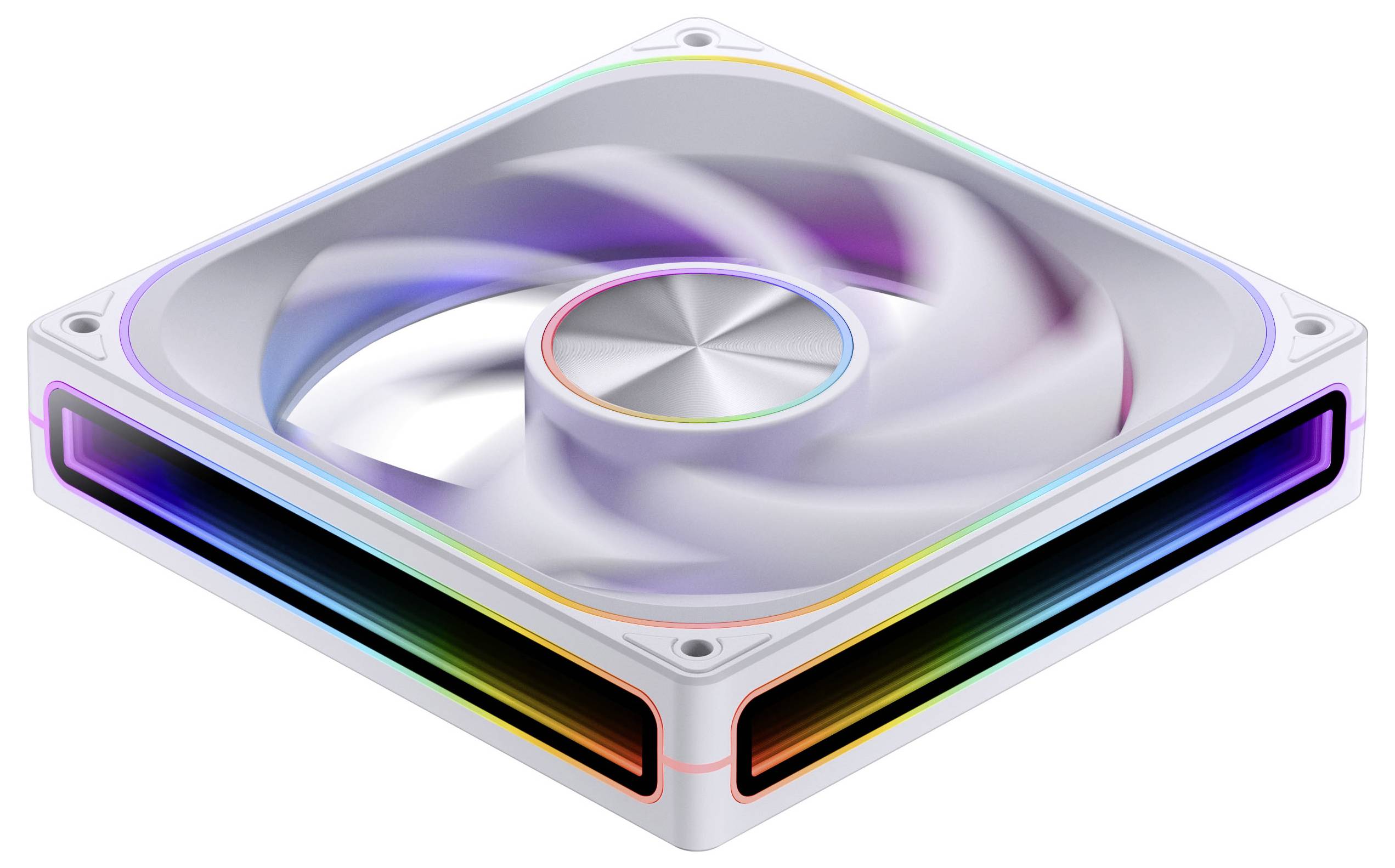 Biely počítačový chladiaci ventilátor s rotujúcimi lopatkami a RGB osvetleným rámom zobrazujúcim spektrum farieb na okrajoch.