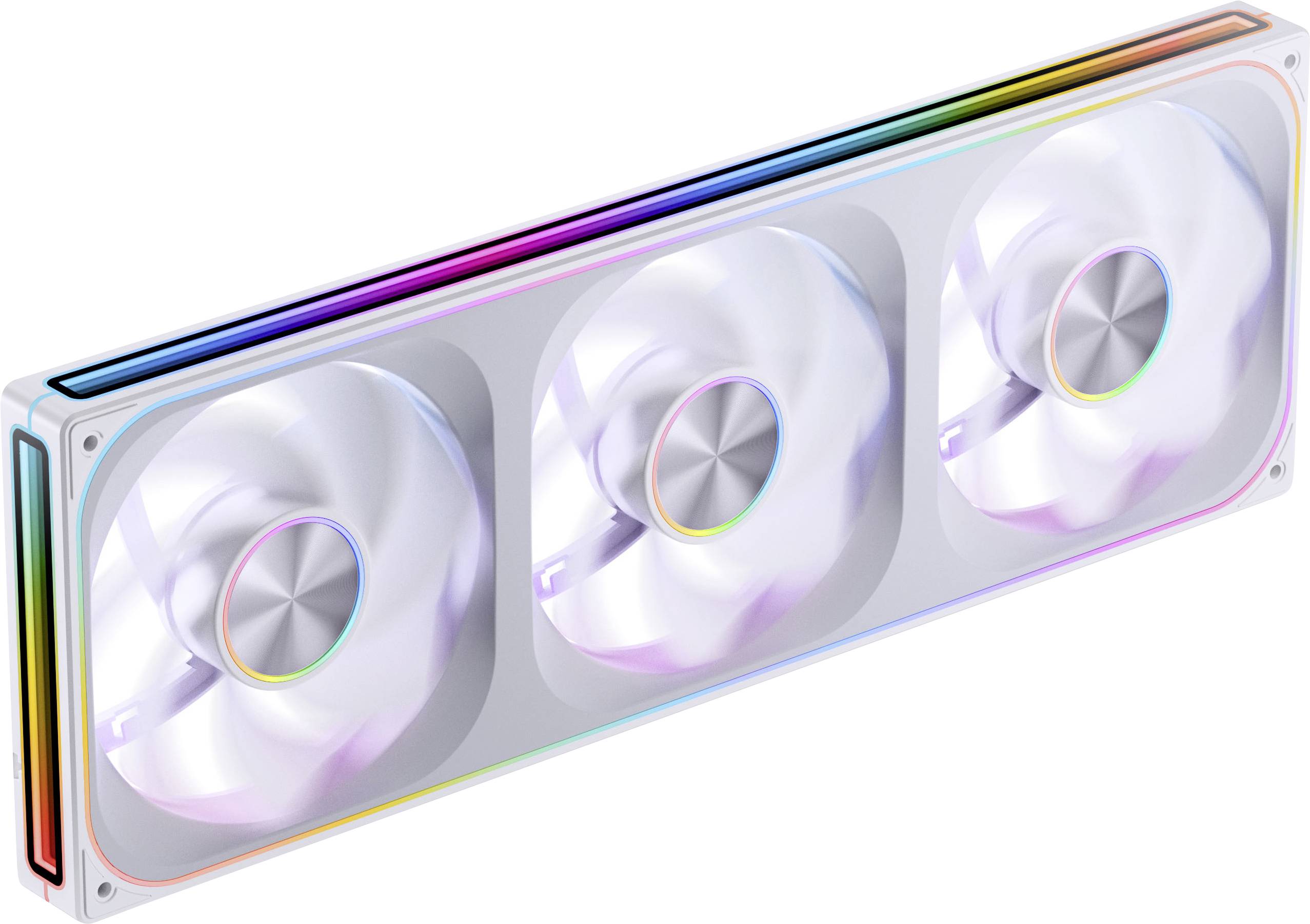 Obdĺžnikové chladiace zariadenie s tromi rotujúcimi ventilátorom a farebným LED osvetlením obehnúť rámom, používané na chladenie počítačového hardwéru.