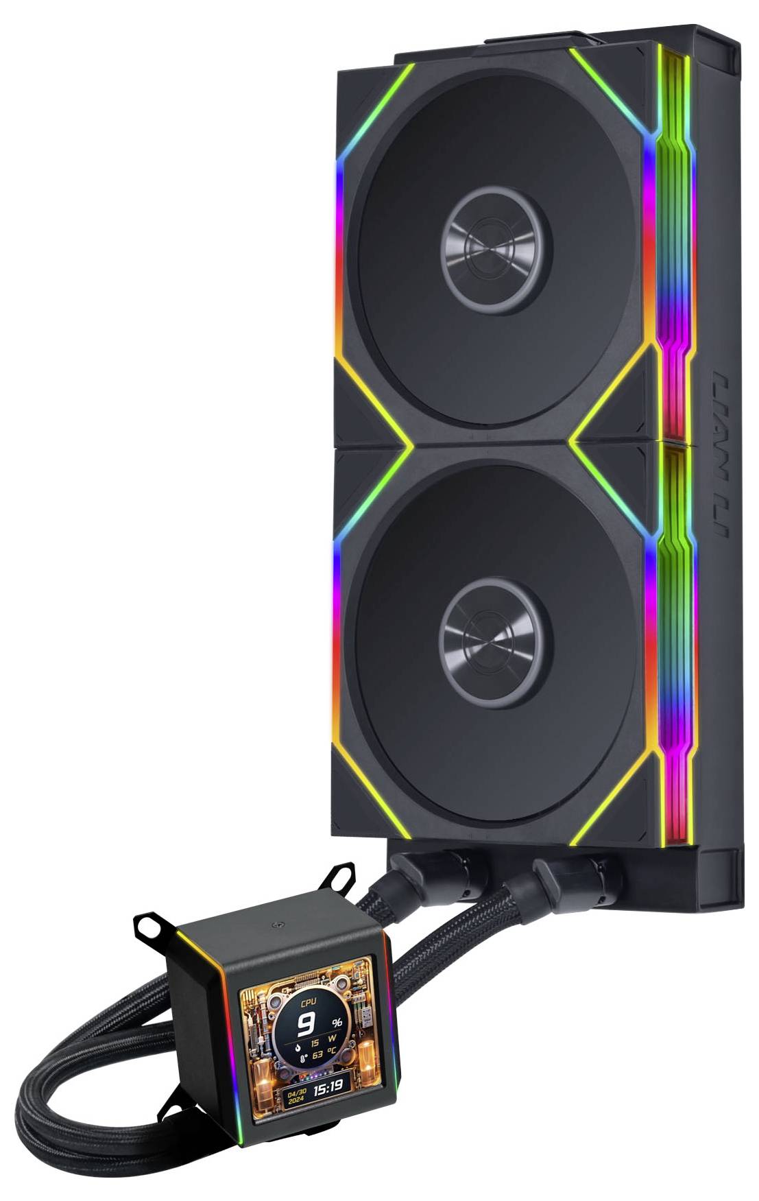 Systém kvapalinového chladenia s dvoma fanmi a RGB osvetlením, zobrazujúci LCD displej s číslom „9".
