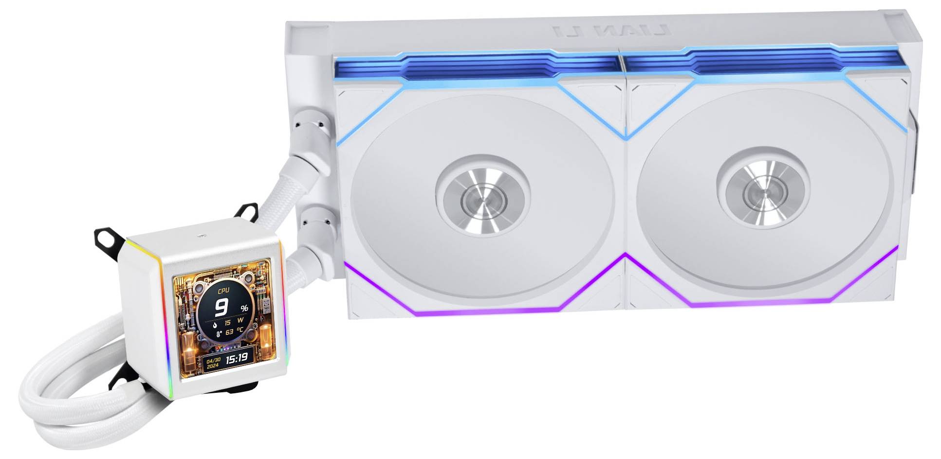 Biely chladiaci systém CPU s dvoma ventilátormi na tekutinu s RGB osvetlením a digitálnym displejom zobrazujúcim teplotu. Estetický dizajn na chladenie PC.