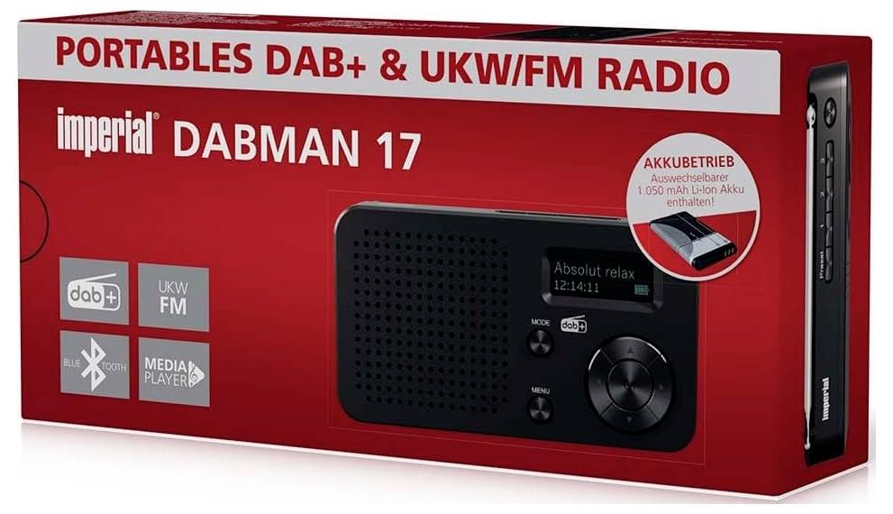 "Imperial Dabman 17" - prenos­ný DAB+ a UKW/FM rádioprijímač v červenej krabici s funkciami Bluetooth a media prehrávaču.