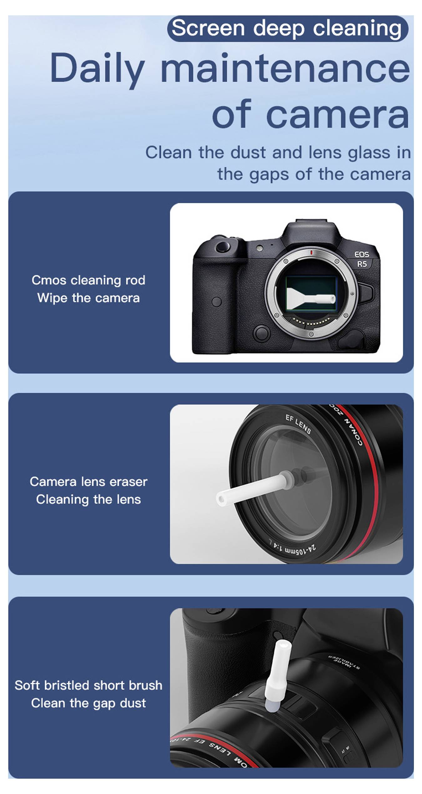 'Denná údržba fotoaparátu' infografika s krokmi: 1) Použite čistiaci hôlku CMOS na utieranie fotoaparátu. 2) Použite gumu na objektívy na čistenie objektívu. 3) Použite mäkkú kefku na čistenie medzier.