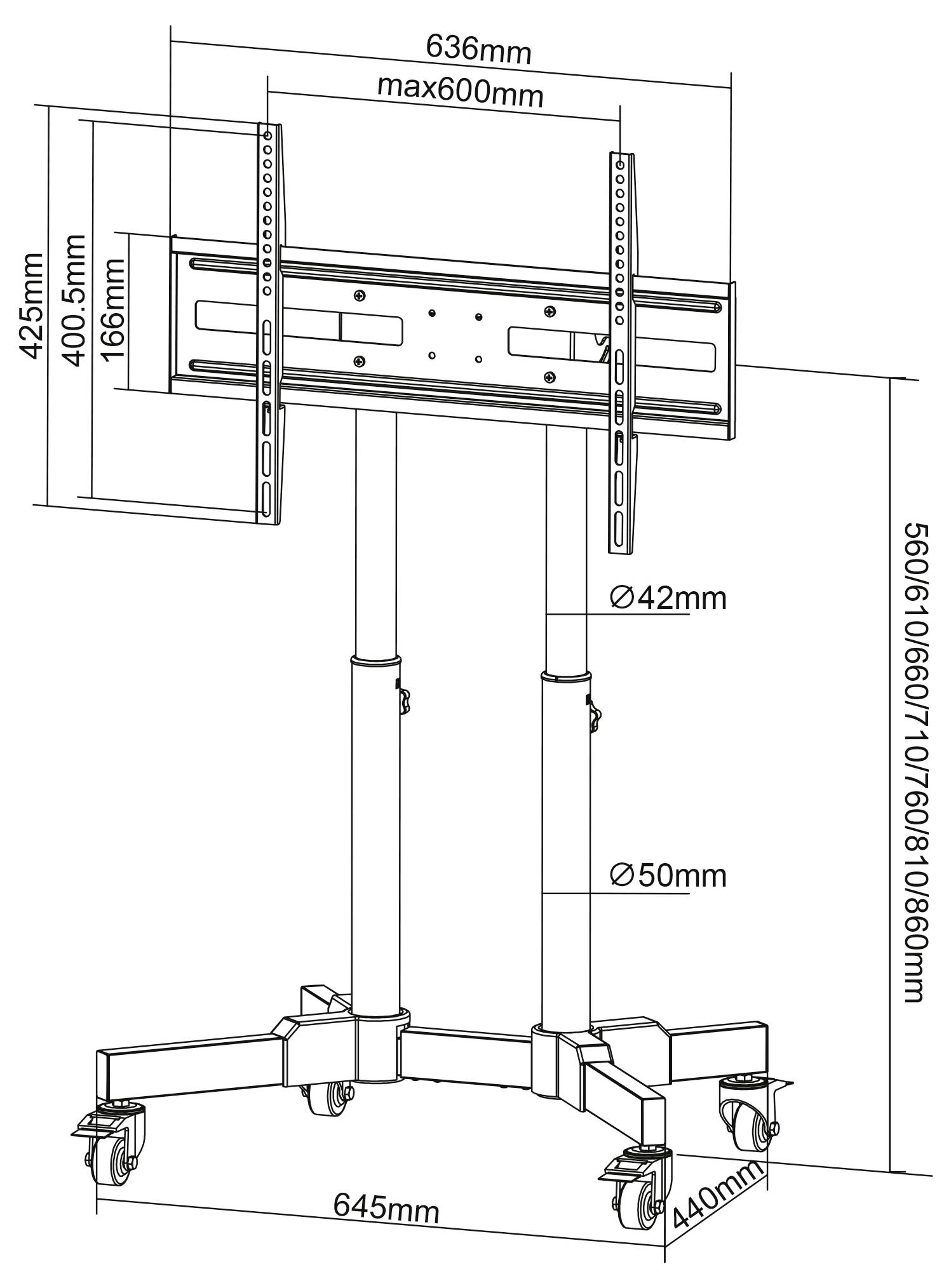 Diagram TV stojanu s rozmermi: výška 1660 mm–1860 mm, šírka 636 mm, hĺbka 645 mm, maximálna šírka televízora 600 mm. Obsahuje nastaviteľnú výškovú tyč a kolieskmi.