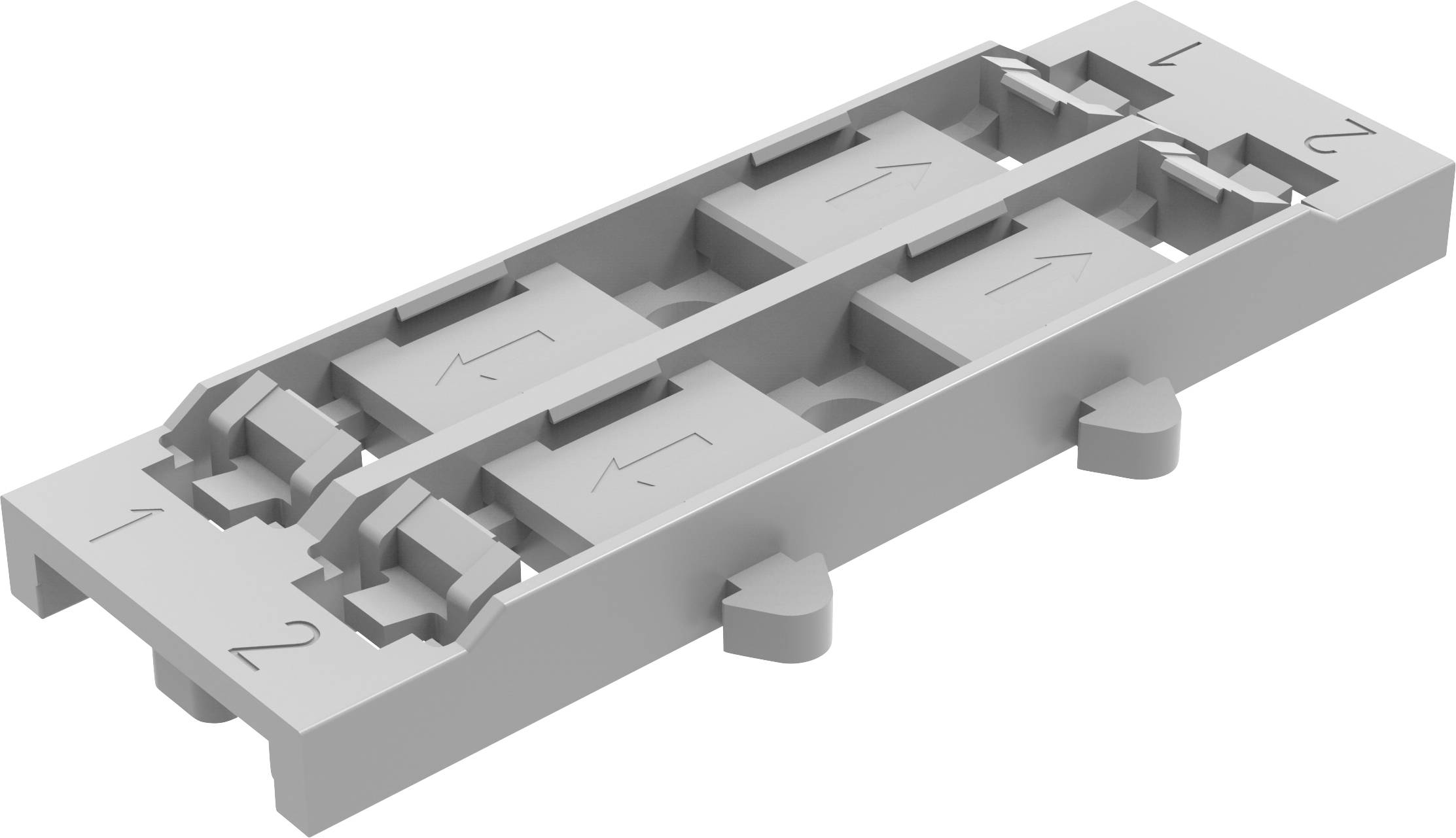 3D technická schéma obdĺžnikovej formy alebo zariadenia s dvoma očíslovanými koncami, vnútornými posúvačmi a centrálnymi kanálmi zobrazené v perspektíve.