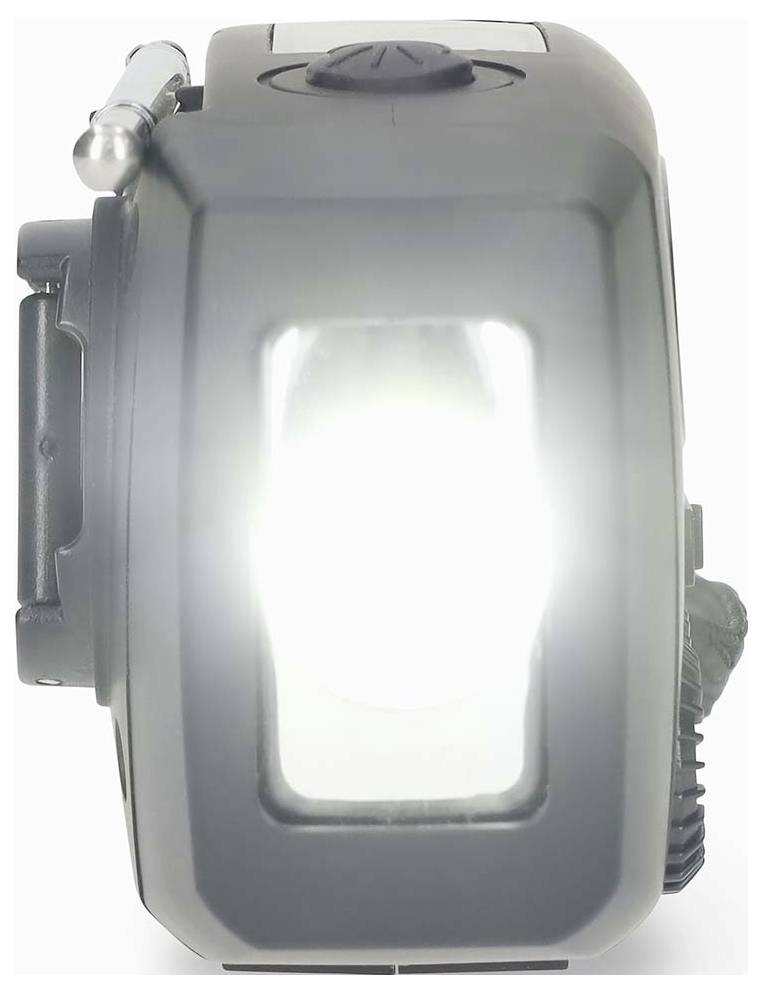Ručná zásviťovacia lampa so sivou rukoväťou a jasným bielym svetlom zapnutá, pohľad zpredu.