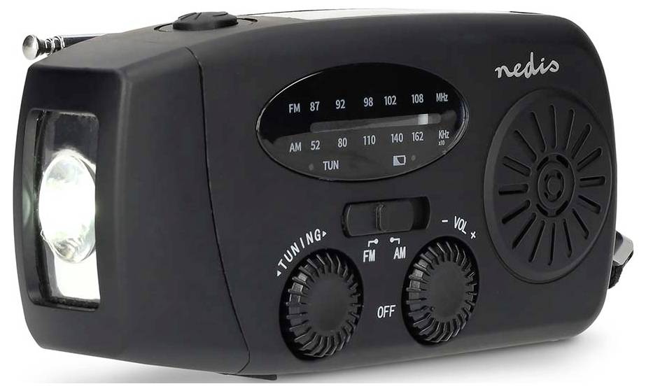 Núdzový ručný kľúčovací rádio s baterkou, číselníky AM/FM tunera, ovládač hlasitosti a reproduktor, navrhnutý na vonkajšie použitie.