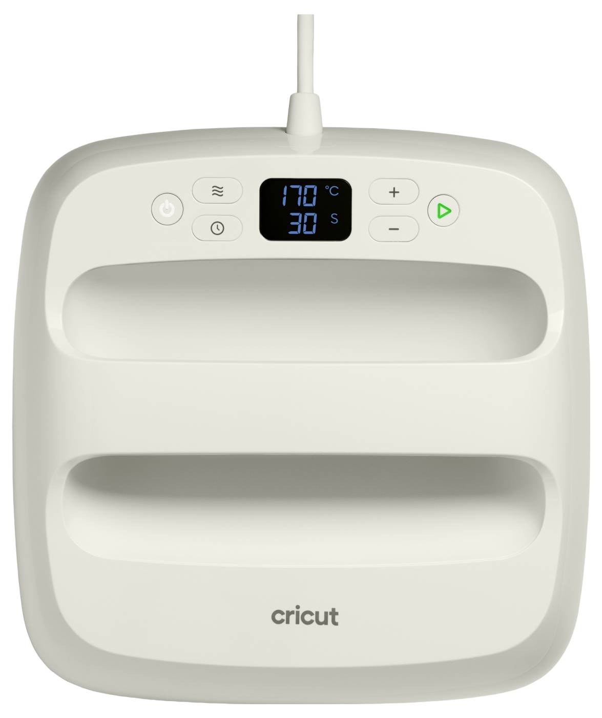 Biely Cricut EasyPress 2 s digitálnym displejom zobrazujúcim „170°C" a „30s", tlačidlá na nastavenia, na rovnom povrchu.