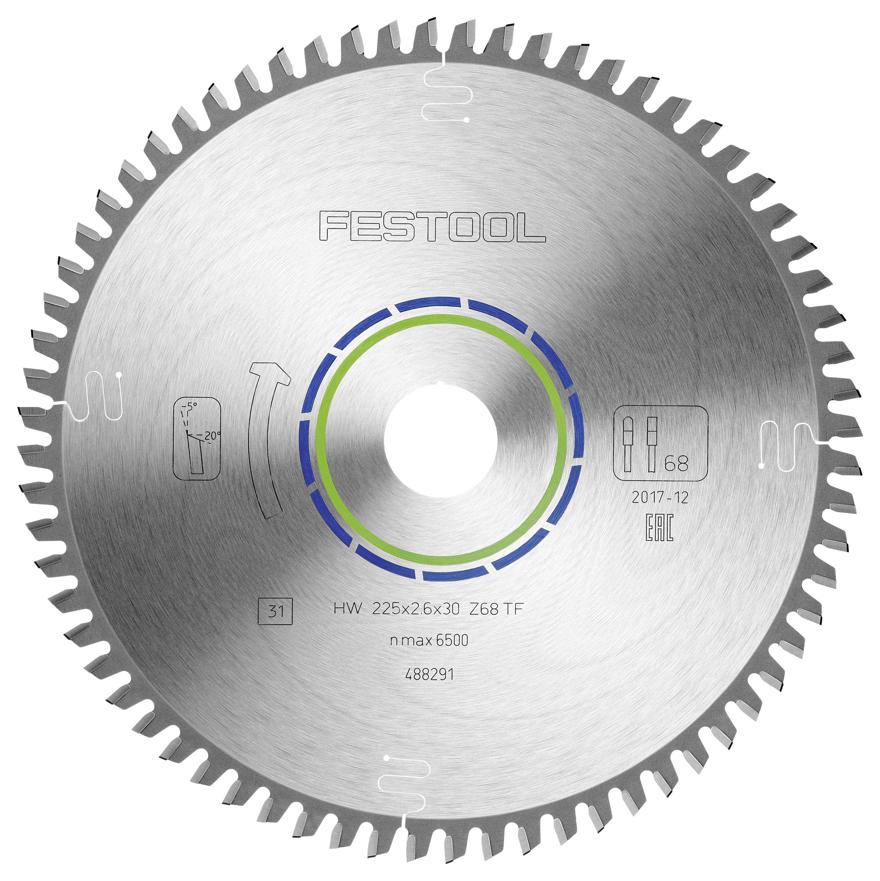 'Okružná pila Festool s zubami, HW 225x2.6x30 Z68 TF špecifikácie, max 6500 rpm, Z88291, certifikácia EAC.'