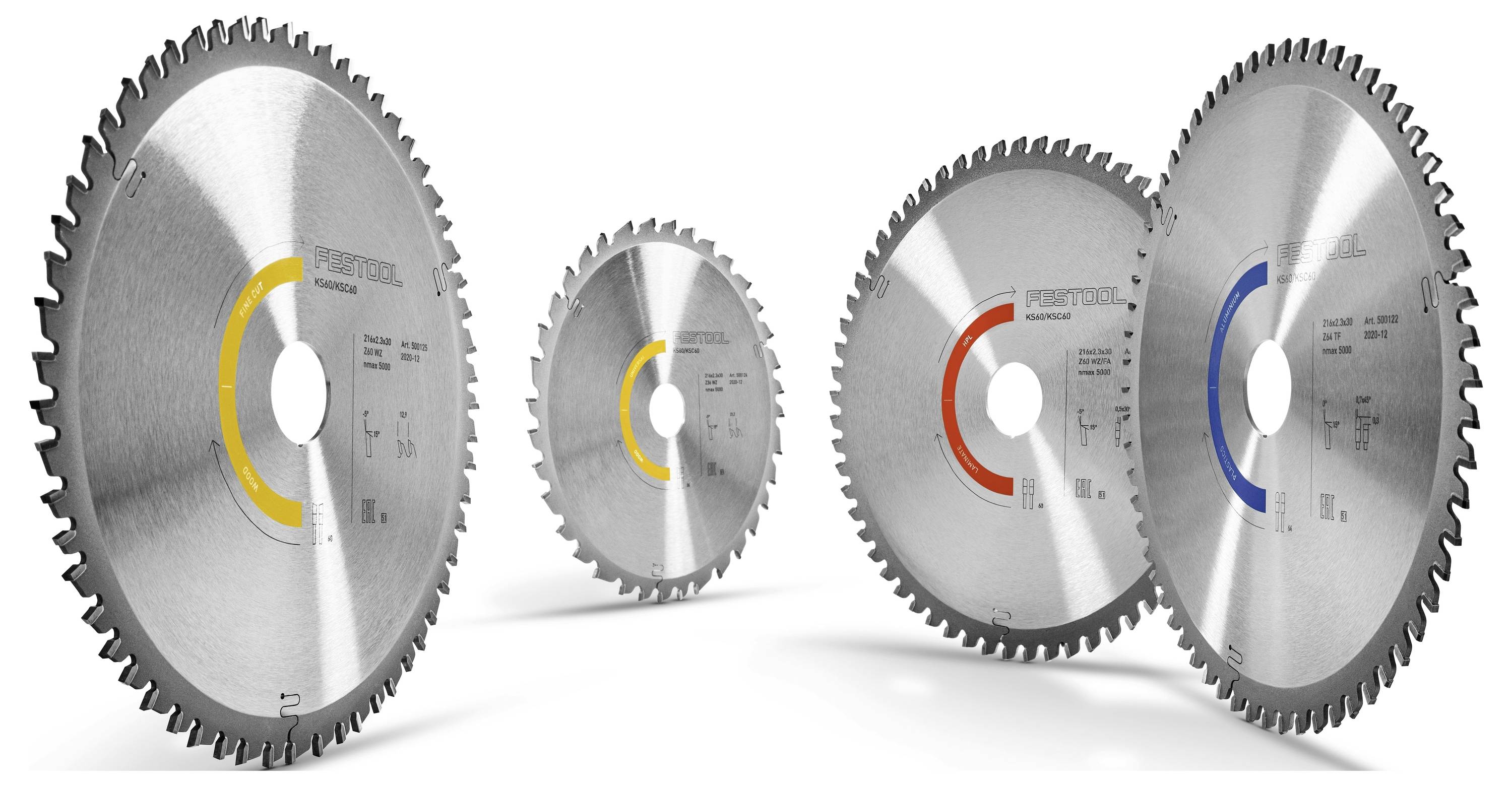 Štyri kruhové pílové listy sú zobrazené, každý s rôzne farebným označením (žltá, červená, modrá). Sú umiestnené v rôznych uhloch.