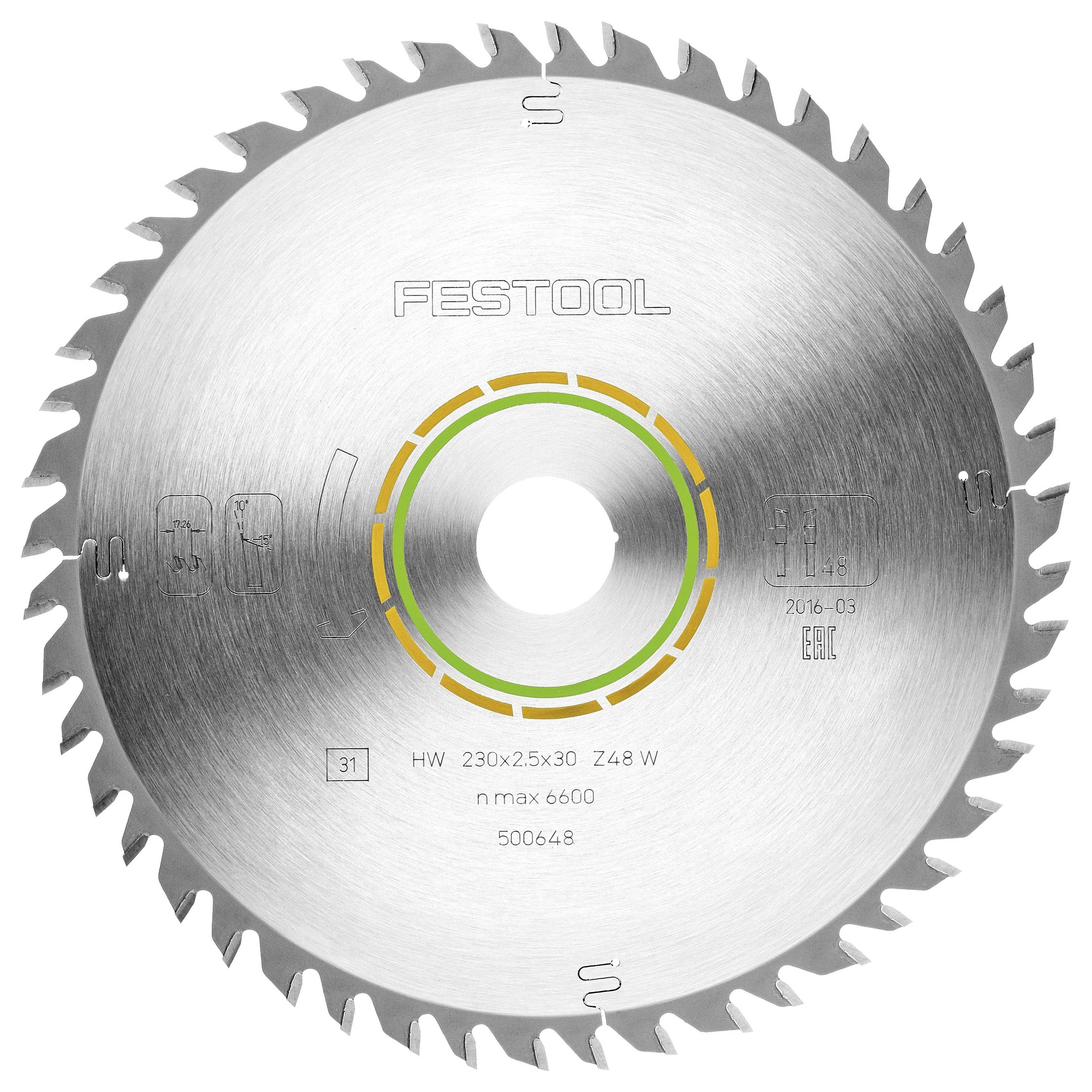 Kotúč okružnej píly s 48 zubami, označený značkou "Festool," rozmery 230x2,5x30mm, maximálna rýchlosť 6600 RPM, kód produktu 500648.