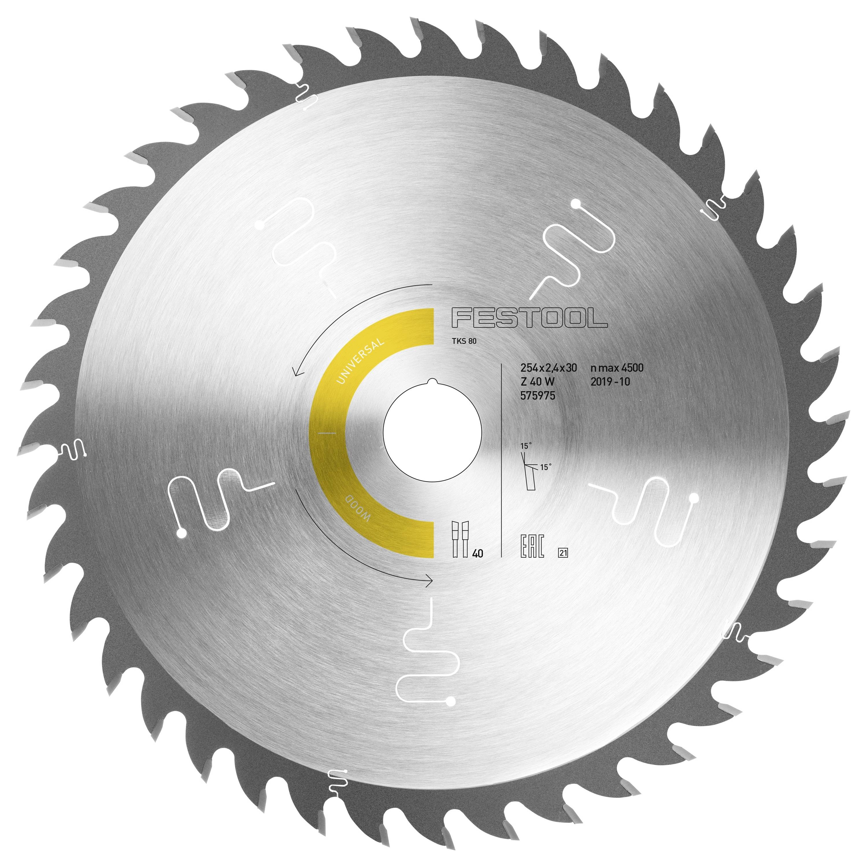 Kotúčová píla s ostrými zubami, označená „Festool" a špecifikáciami vrátane 254x2,4x30, 40 zubov, max 4500 RPM, Univerzálne použitie.