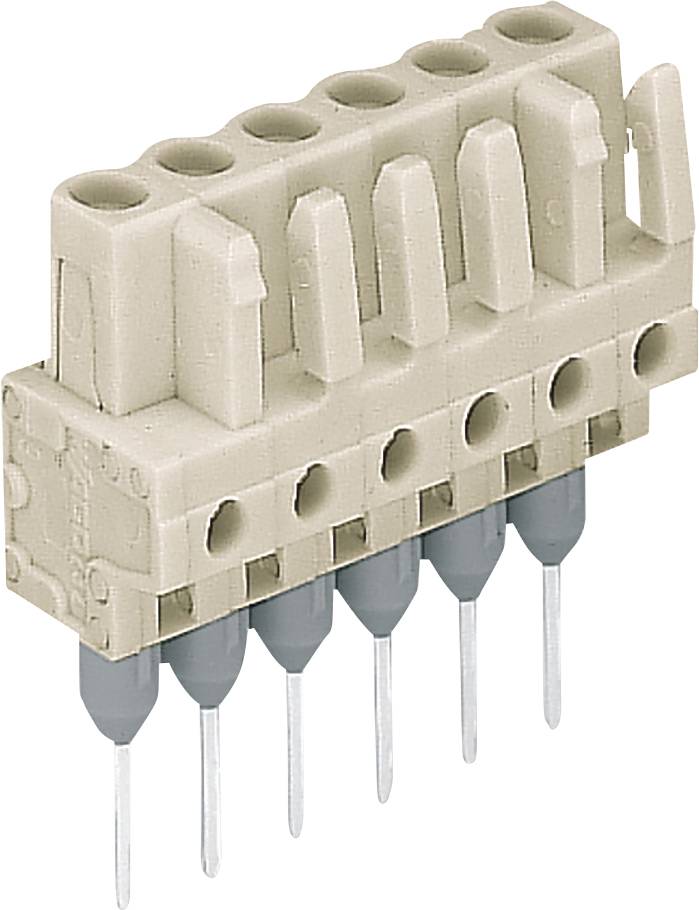 Béžový šesťzátkový elektrický svorkovnicový konektor s horným vstupom pre vedenia, s pozíciami kolíkov zarovnanými horizontálne v spodnej časti.