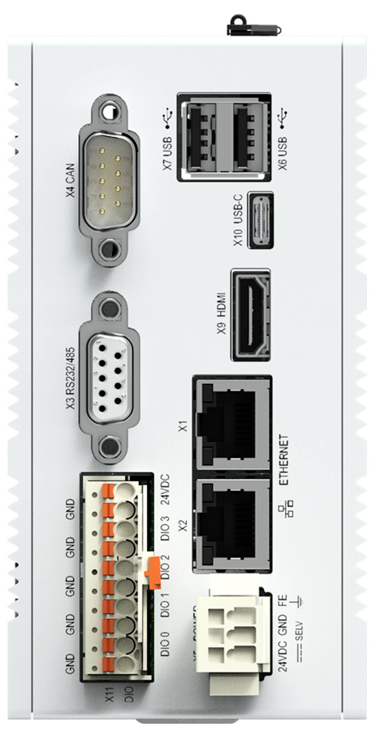 Zblízka zobrazený panel elektronického zariadenia s rôznymi portami a konektormi vrátane USB, HDMI, Ethernet a sériových konektorov.