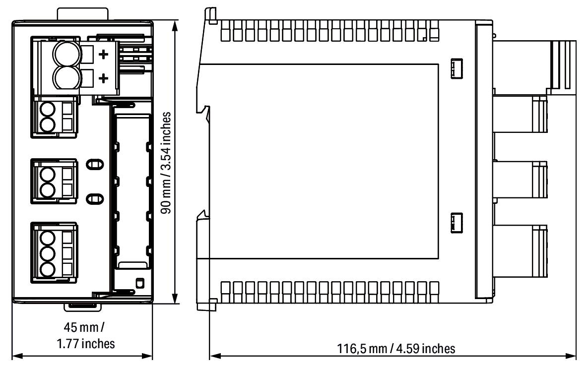 'Technický výkres elektronického modulu, rozmery: 90 mm x 116,5 mm s rôznymi konektormi a vstupmi, označenými znamienkami + a -.'