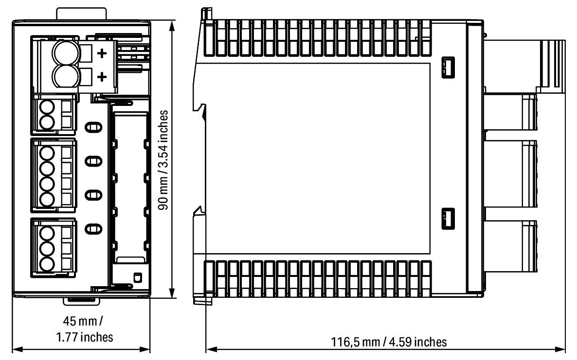 Rozmery a usporiadanie elektrického zariadenia. Rozmery: 90mm x 116,5mm s menšou časťou šírkou 45mm. Štýl technickej schémy.