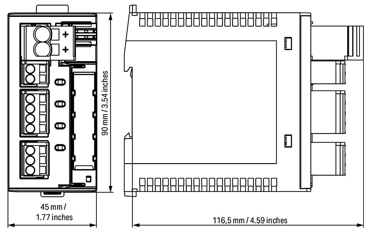 Diagram zariadenia s rozmermi: výška 90 mm (3,54 palca), šírka 116,5 mm (4,59 palca), hĺbka 45 mm (1,77 palca).
