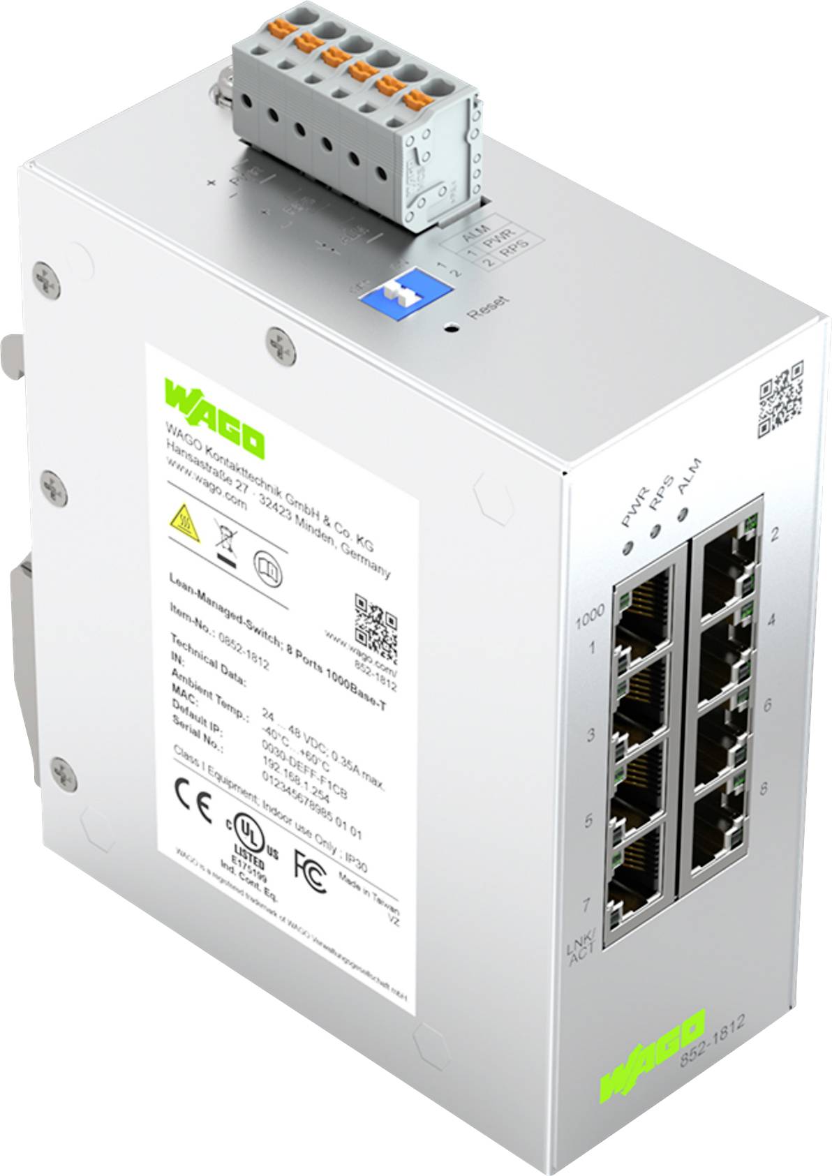 Strieborný sieťový prepínač s ôsmimi portami Ethernet. Štítok zobrazuje podrobnosti súvisiace s produktom, ako sú certifikácie a technické špecifikácie.